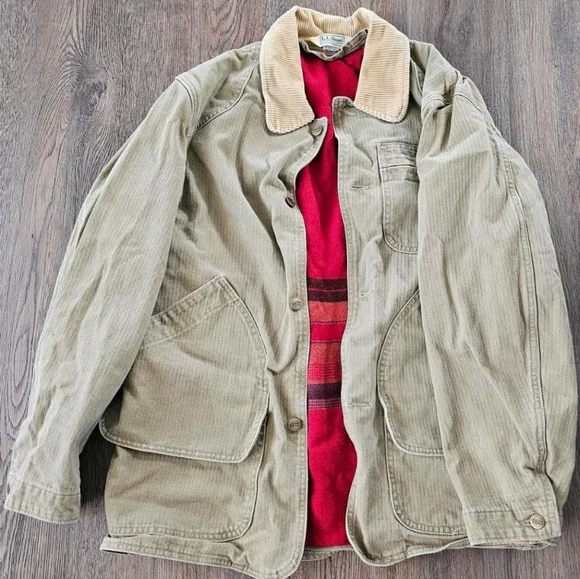 Vintage L.L. Bean Herringbone Field Chore Barn Coat Jacket Men's Olive Tan M - Picture 3 of 6